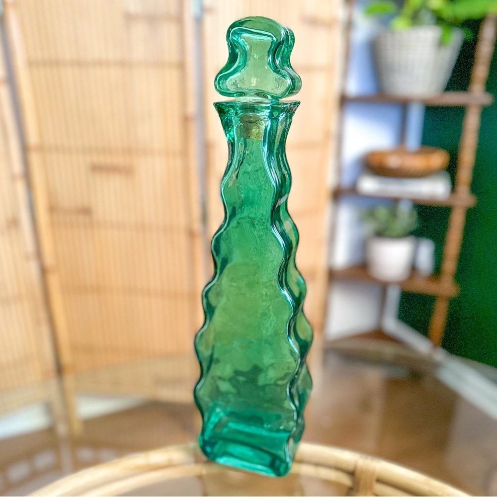 Tall Eclectic Modernist Wavy Squiggle Teal Green Glass Decanter Bottle